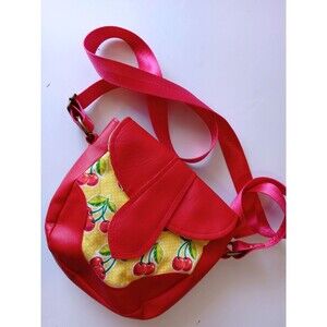 Handmade Cross Body Bag Red Faux Leather w/ Yellow & Cherry Retro Cotton